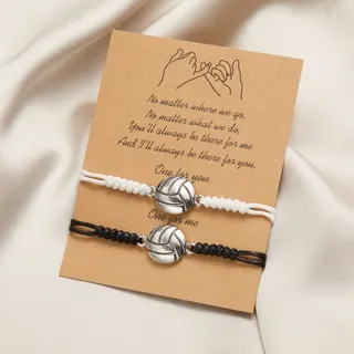 Football Beaded Bracelet Set for Couples - Adjustable Woven Cord Bracelets with Zinc Alloy Soccer Ball Charm, Black & White Sporty Handmade String Bracelets, Gift Card Included (2 Pcs)