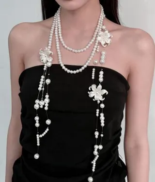 Pearl Necklace Multi-Layer Flower Tassel Long Chain, Imitation Pearl Statement Collar Necklace for Wedding Evening Dress, White French Vintage Jewelry