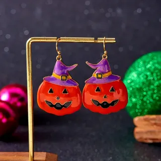Halloween Pumpkin Earrings Witch Hat Dangle Hoops Alloy Enamel Orange Jack-o'-Lantern Dangle Earrings for Party Cosplay Costume 4.5x2.7cm Pair