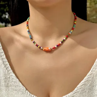Cute Pink Ceramic Fish Beaded Necklace - Delicate Rice Bead Choker with Adjustable Extender Chain, Sweet Girl Kawaii Pendant Necklace for Women