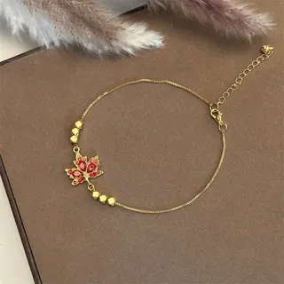 Autumn Maple Leaf Bracelet for Women, Red Zircon Alloy 18K Gold Plated Fine Chain, Adjustable Boho Jewelry Gift