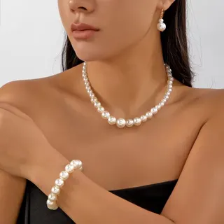 Pearl Jewelry Set for Women - Imitation Pearl Necklace Bracelet Earrings 3-Piece Set, Elegant Gold Hook Drop Earrings, Adjustable 40+5cm Chain, Wedding Party Commute Accessories