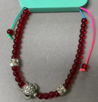 Beaded Bracelet with Silver Turtle Charm, Adjustable Drawstring, Red Beads, Lucky Longevity Gift for Women