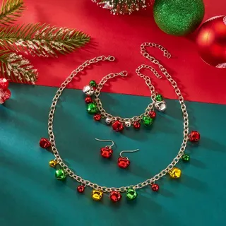 Christmas Jingle Bell Jewelry Set - Red Green Alloy Necklace Bracelet Earrings 3-Piece Holiday Party Costume Accessories