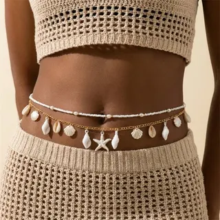 Summer Starfish Shell Pearl Waist Chain Belt, Resin & Imitation Pearl Beaded Body Chain, White Adjustable 70+20cm, Boho Beach Dress Accessory for Women