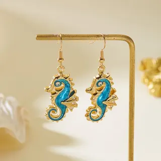 Seahorse Drop Earrings Blue Enamel Rhinestone Gold Plated Alloy Ocean Vacation Jewelry 4.7cm Pair