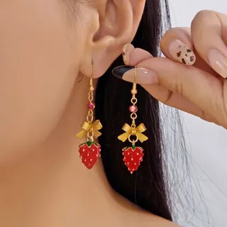 Sweet Strawberry Dangle Earrings with Fake Pearl Beads & Zircon Stud, Alloy Long Drop Earrings for Women, Cute Fashion Jewelry Gift