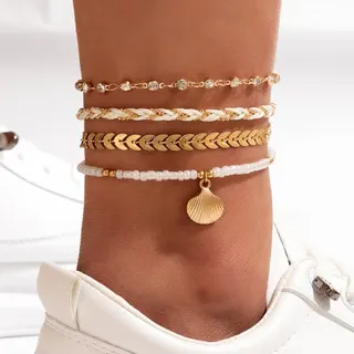 Boho Beach Anklet Set of 4 - Gold Shell Charm, Beaded, Woven Rope & Crystal Chain Anklets, 18K Gold Plated Alloy, Adjustable 22+5.5cm, Summer Vacation Jewelry