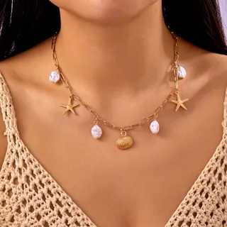 Ocean Starfish Shell Pearl Necklace for Women, 18K Gold Plated Baroque Pearl & Seashell Charm Choker, 40+5cm Adjustable Summer Beach Jewelry