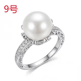Vintage Pearl Ring for Women, White Gold Plated Copper with Hollow Filigree & Micro-Paved Zircon, Classic Round Pearl Statement Ring Size 6