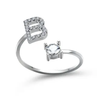 Letter B Diamond Ring for Women, Adjustable Open Band, White Gold Plated Alloy with Micro-Pavé & 4-Prong Crystal, Personalized Gift Jewelry