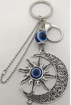 Bohemian Evil Eye Keychain, Sun & Moon Alloy Charm with Blue Nazar Bead, Retro Hollowed Out Bag Pendant, Lucky Protection Key Ring Gift
