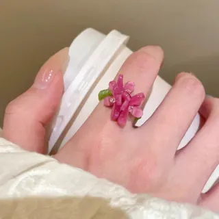 Violet Flower Beaded Ring - Resin Handmade Petal Ring with Rhinestone Accent, Sweet French Vintage Style, Approx 1.3cm