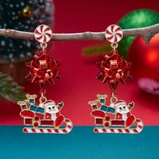 Christmas Santa Sleigh Earrings - Gold Plated Alloy Dangle Earrings with Red Bow & Enamel Candy Cane Design, Festive Holiday Party Jewelry Gift for Women