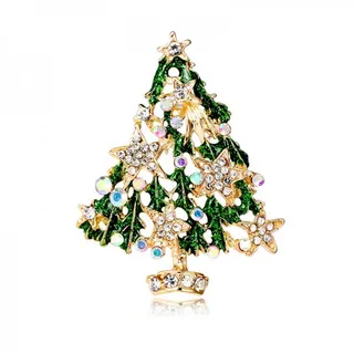 Christmas Tree Star Brooch for Women, Alloy 18K Gold Plated Enamel with AB Crystal Rhinestones, Holiday Gift Pin Badge, 5.1cm