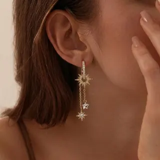 Gold Five-Point Star Tassel Drop Earrings, Rhinestone Paved Hollow Star Chain Dangle Earrings for Women, Lightweight Copper 18K Gold Plated, Elegant Vintage Party Jewelry (Pair)