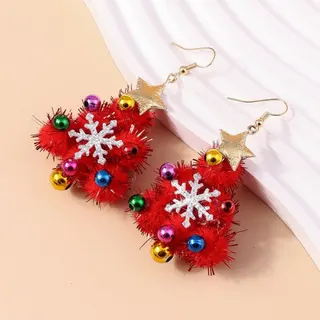Christmas Tree Earrings for Women, Red Tinsel Snowflake Bell Drop Earrings with Gold Star Hook, Holiday Party Statement Jewelry, Alloy, 7.5x4cm