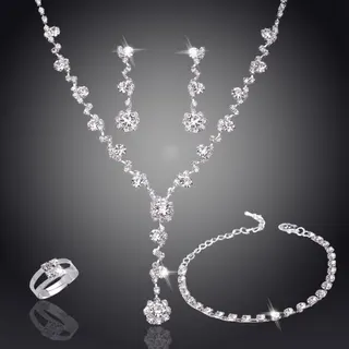 Luxury Rhinestone Jewelry Set for Women - Necklace Earrings Bracelet Ring 4-Piece Set, Adjustable Ring, Alloy with Rhinestones, White, Wedding Party Evening Accessories