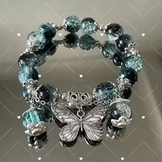 Vintage Butterfly Bracelet for Women - Deep Blue Ice-Crack Glass Beads with Retro Silver Butterfly Charm, 18cm Elastic Boho Jewelry