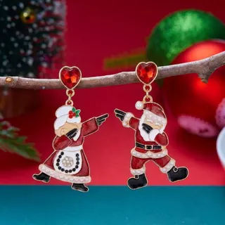 Christmas Dancing Santa & Granny Cartoon Earrings, 18K Gold Plated Alloy Enamel Dangle Earrings with Heart Zircon & Pearl, Festive Holiday Party Jewelry Gift