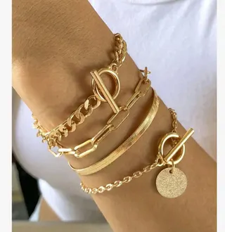 Gold Chain Bracelet Set of 5 - 18K Gold Plated Alloy T-Bar, Herringbone, Snake Chain & Disc Charm Stackable Bracelets for Women