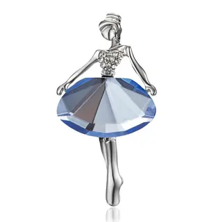 Ballerina Dance Girl Brooch, Rhinestone & Blue Crystal Skirt Pin, White Gold Plated Alloy, Elegant Art Jewelry Gift for Women