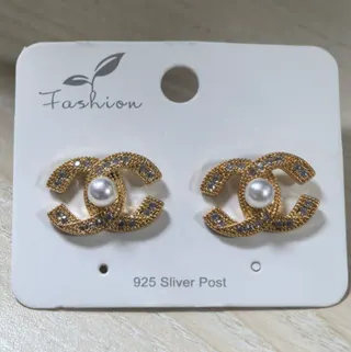Chanel Style Double C Pearl Earrings, Gold Tone Zircon Stud Earrings with 925 Silver Post, French Vintage Luxury Ear Studs for Women