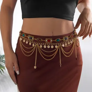 Bohemian Waist Chain for Women, Gold Alloy Coin Tassel Belt with Rhinestone Geometric Medallions, Belly Dance Stage Costume Accessory, 2-Piece Set Approx 115cm