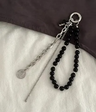 Silver & Black Beaded Tassel Keychain Charm, Alloy Imitation Pearl Double Chain Bag Pendant, Dark Luxury Vintage Style, 14cm