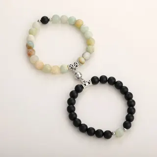 Rose Quartz & Black Matte Beaded Bracelet Set for Couples, 8mm Natural Stone Magnetic Attracting Bracelets, Pink & Black Stretch Bead Bracelets for Her and Him, Gift for Lovers & Best Friends (2 Pcs)