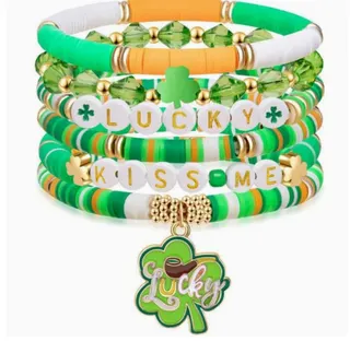 St. Patrick's Day Lucky Clover Bracelet Set - Green Soft Clay & CCB Crystal Multi-Strand Beaded Bracelets with LUCKY KISS ME Letters & Beer Mug Charm, 7-Piece Gift Set for Women