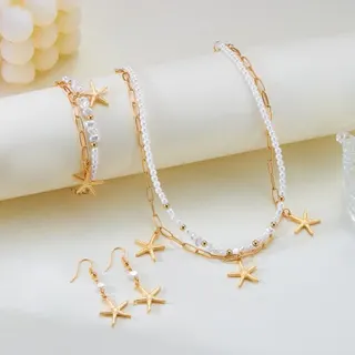 Gold Starfish Pearl Jewelry Set - Double Layer Necklace Bracelet Earrings 3PCS, Ocean Vacation Style, 18K Gold Plated Alloy & Pearl, Hypoallergenic Bridal Bridesmaid Gift