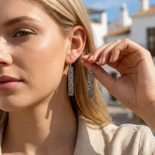 Vintage Boho Dangle Earrings - Antique Silver Alloy Hollow Flower Bar Earrings, 5.2cm Long Drop Earrings for Beach Vacation & Summer Outfit