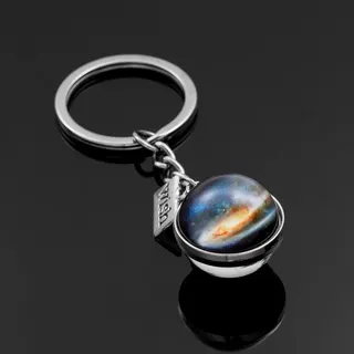 Galaxy Starry Double-Sided Glass Ball Keychain, Polished Alloy Silver Key Ring with Nebula Planet Design, 2.3cm Glass Bead Charm, Creative Gift for Couples & Students