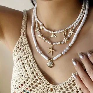 Boho Beach Necklace Set of 3 - White Seed Bead & Pearl Strand with Gold Starfish, Shell & Fish Tail Charms, Layered Ocean Necklace for Summer Vacation