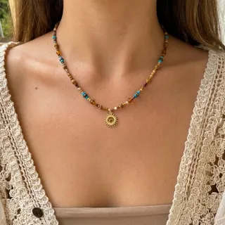 Natural Stone Beaded Sun Tiger Eye Pendant Necklace Set for Women
