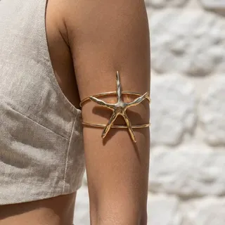 Starfish Arm Cuff Bracelet, Adjustable Open Bangle, 18K Gold Plated Alloy, French Vintage Beach Jewelry for Summer Vacation
