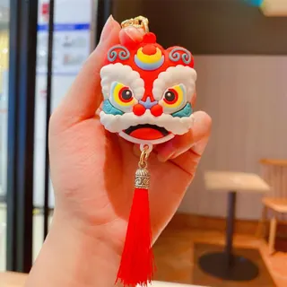 Lion Dance Keychain Charm, Chinese Guochao PVC Soft Rubber Lion Head Bag Phone Strap with Red Tassel, Alloy Hardware, New Year Gift Accessory, Approx 13x4.3cm