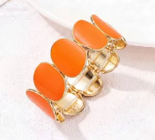 Geometric Candy Color Oval Enamel Wide Cuff Bracelet, 18K Gold Plated Zinc Alloy, Orange Statement Bangle for Women