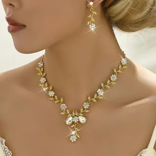 Vintage Rhinestone Vine Flower Necklace & Earrings Set, Gold-Plated Alloy Sparkle Jewelry, Bridal Party Layered Necklace Earring 2-Piece Set