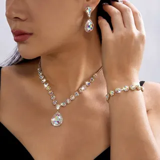 Luxury Rhinestone Teardrop Necklace Bracelet Earring Set, 18K Gold Plated AB Color Zircon Jewelry Set for Wedding Party Bridal Gift