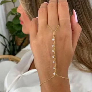Gold Finger Chain Ring Bracelet Set - Zircon Paved Connected Finger Ring & Wrist Chain, 18K Gold Plated Alloy, Adjustable 16+5+8cm, Elegant Slim Hand Jewelry Gift for Women
