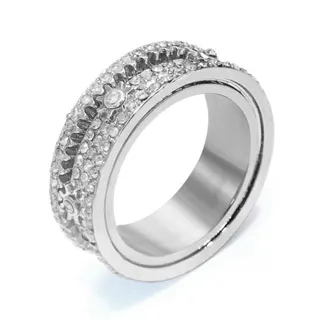 Gear Rotating Rhinestone Ring, White Gold Plated Alloy, AB Aurora Crystal Wide Band, Fashion Statement Ring Size 8