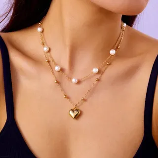 Gold Heart Pearl Necklace Set - 2 Piece Layered Chain with Imitation Pearls & Heart Pendant, 18K Gold Plated Alloy, French Chic Clavicle Chain for Women, Gift Ready