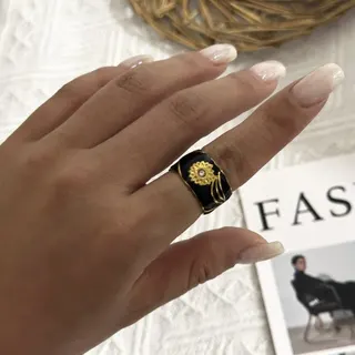 Stainless Steel Two-Tone Enamel Ring, 18K Gold Plated Crossed Band with Black & White Cabochon Stones, Hypoallergenic Stackable Ring for Women