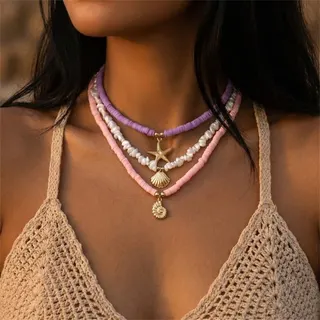 Boho Beach 3-Layer Necklace with Starfish & Shell Charm, Lavender Pink Macaron Soft Clay Beaded Choker, Gold-Plated Alloy, Summer Vacation Layered Necklace 37+8cm