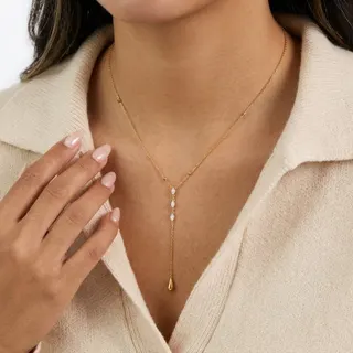 Y-Shape Necklace for Women, 18K Gold Plated Stainless Steel, Marquise Zircon Asymmetric Drop Pendant, 45+5cm Hypoallergenic Clavicle Chain