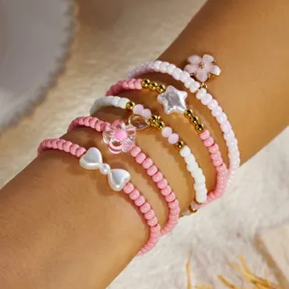 5-Piece Beaded Bracelet Set - Cherry Blossom, Bow & Star Charms, Pearl & Alloy, Pink White Macaron, Sweet Girl Stacking Bracelets 18cm