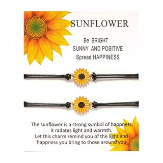 Sunflower Bracelet Set for Couples - Adjustable Waxed Cord Beaded Bracelet with Alloy Sunflower Charm, Gift Card Packaging, 16-30cm, for Her Him Best Friend