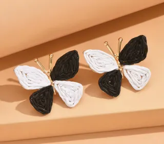 Butterfly Earrings Raffia Woven Black White, French Vintage Light Luxury Alloy Butterfly Stud Earrings for Women, 3.4cm Pair